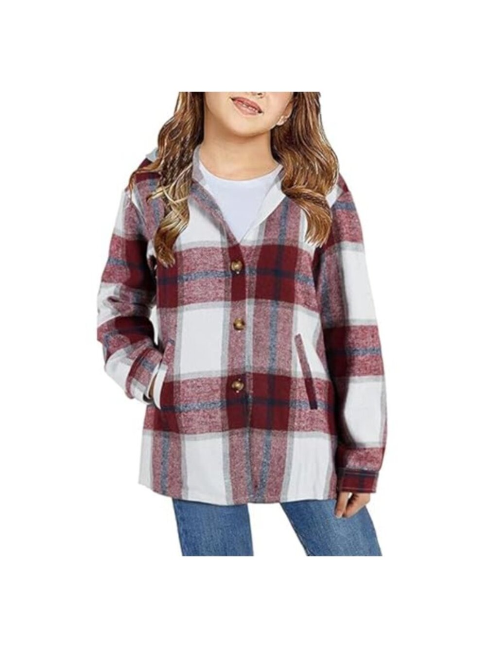 Girls Plaid Flannel Button Down Jacket Hooded Long Sleeve Coat